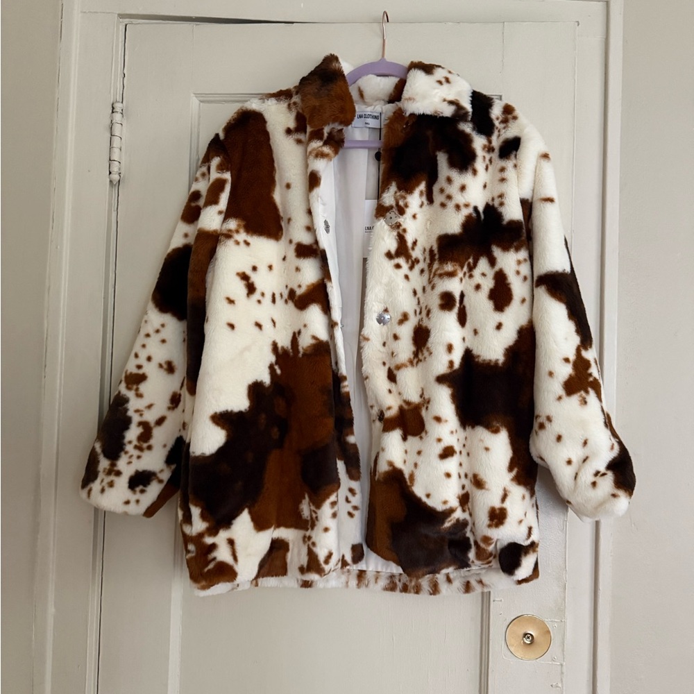 LNA Clothing Cow print faux fur jacket size sm NWT